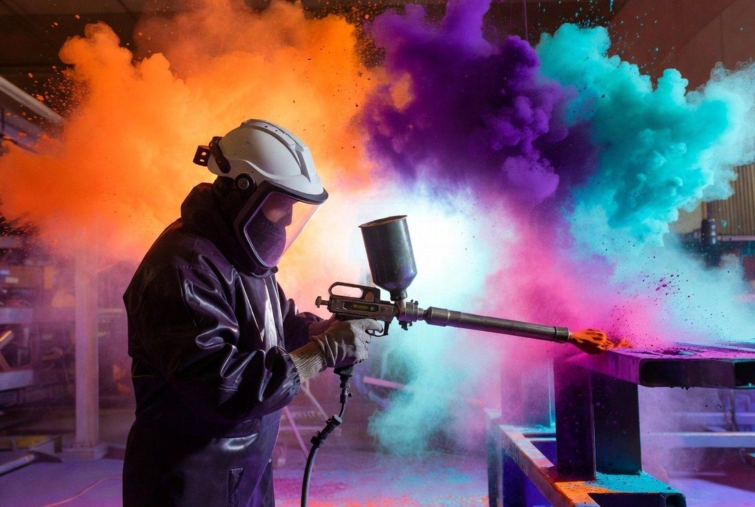 Aplicación de pintura electrostática en polvo sobre viga metálica